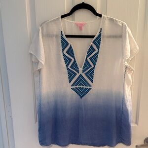 Lilly Pulitzer Breakers Row Blue Crush Ombré Embroidered Linen Tunic Size L